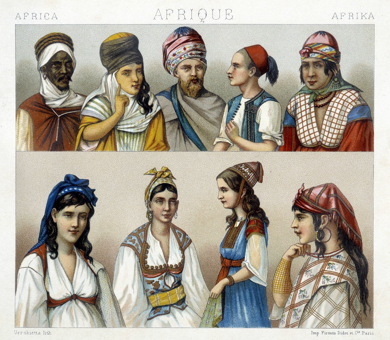 Costumes et coiffes traditionnels des hommes et des femmes en Algérie. Illustration dans « Le costume historique » par Racinet - Albert Charles August Racinet