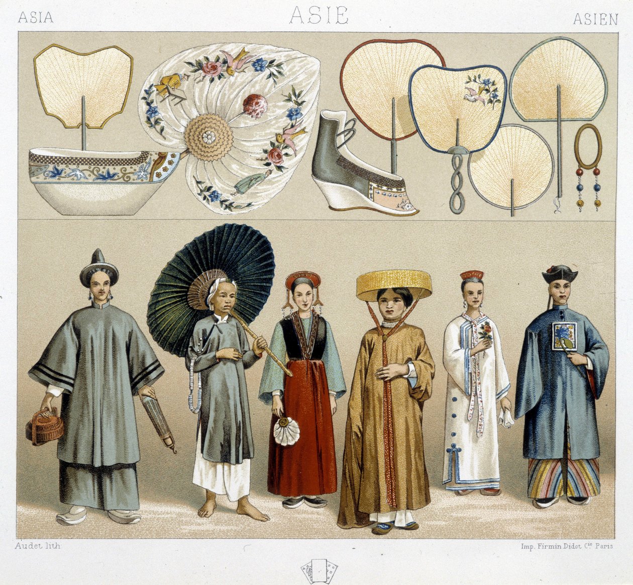 Divers costumes féminins en Chine : éventails, chaussures... - dans « Le costume historique » de Racinet - Albert Charles August Racinet