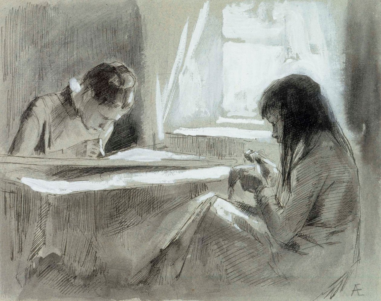 Des filles qui cousent près de la fenêtre - Albert Edelfelt