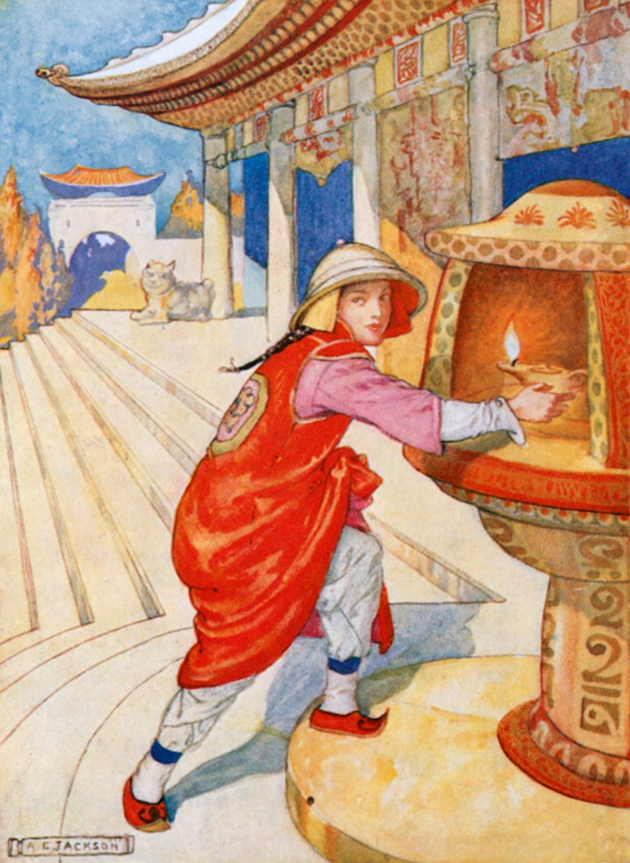 Aladin monte les marches et prend la lampe allumée dans la niche (lithographie couleur) - Albert Edward Jackson