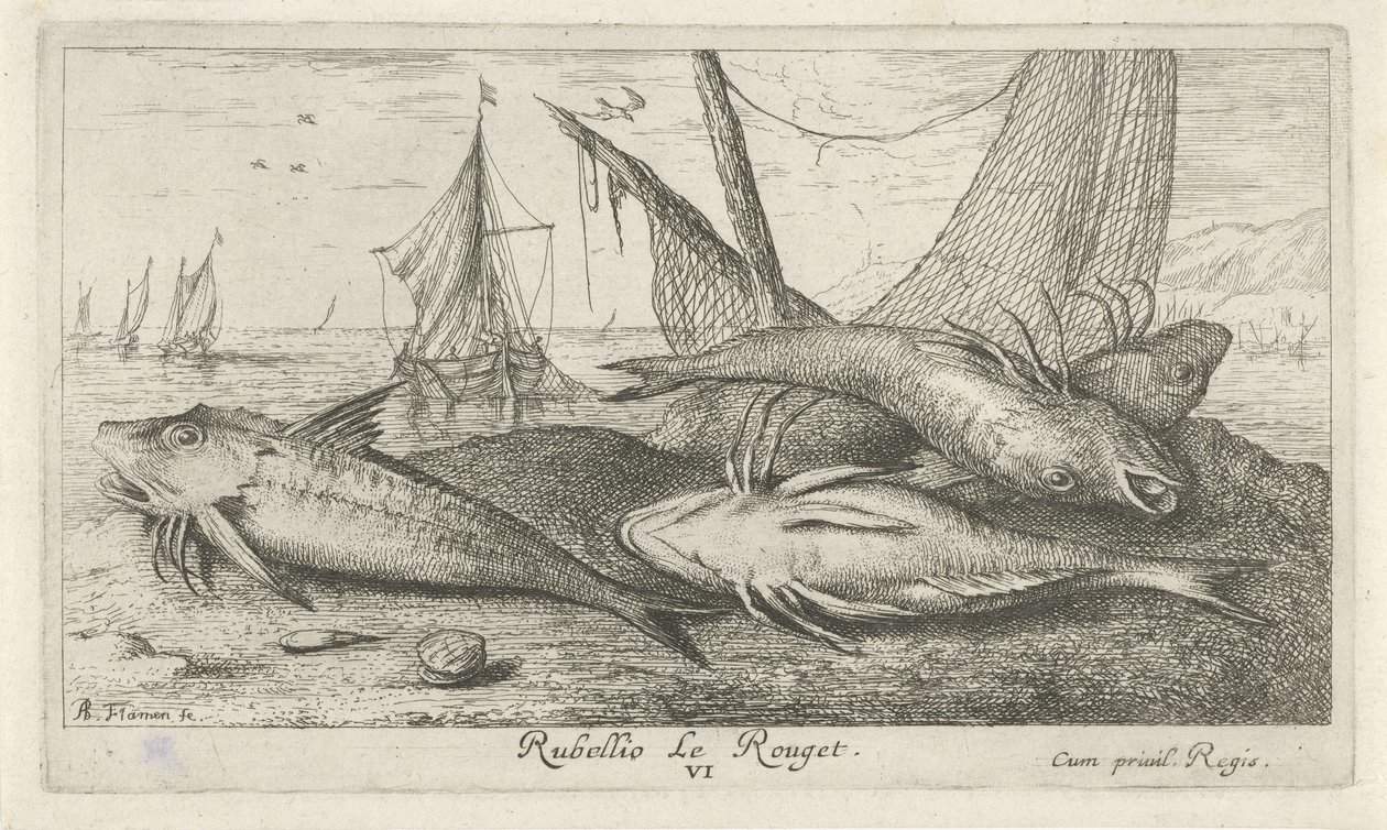 Quatre rougets sur la plage - Albert Flamen