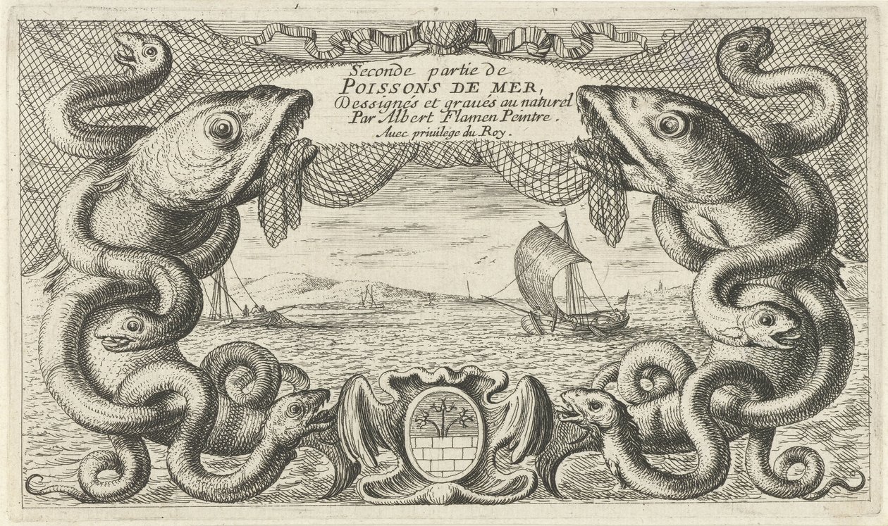 Vue de mer avec bordure de créatures marines et un filet de pêche (Poissons de mer) - Albert Flamen