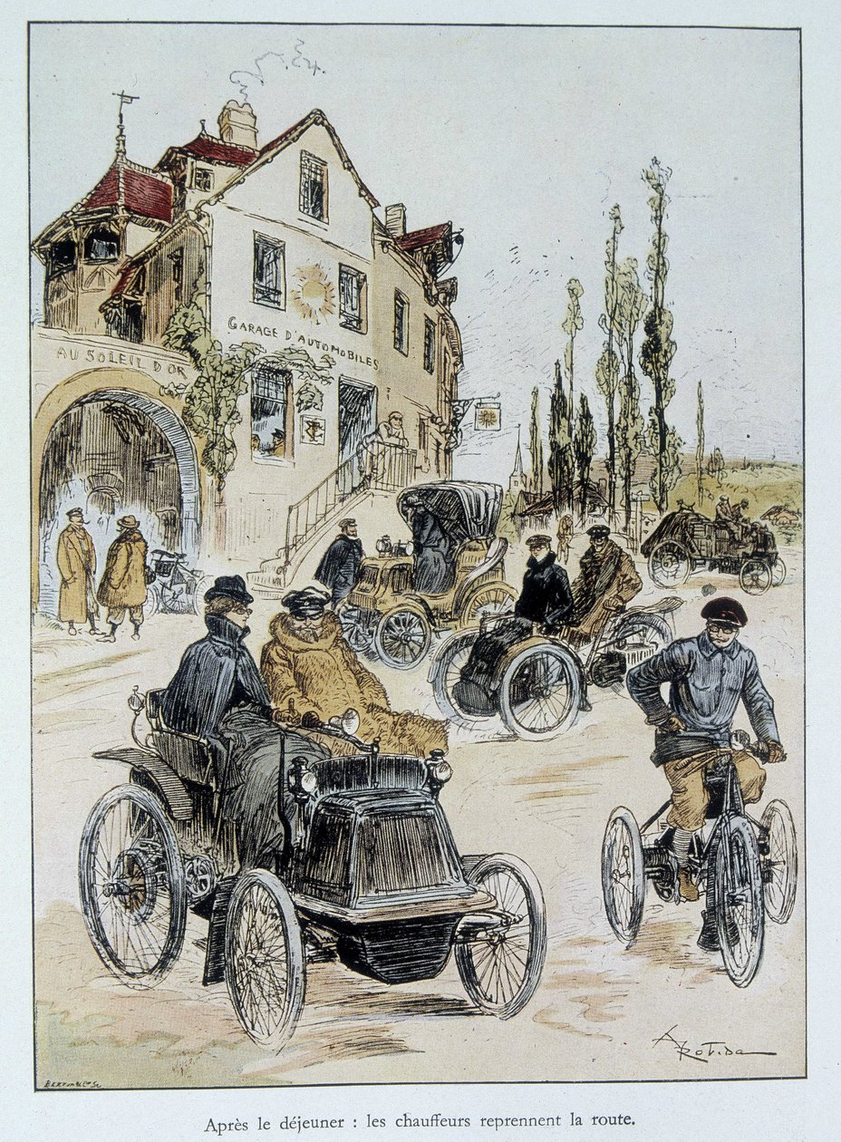 Après le petit-déjeuner, les conducteurs reprennent la route : le début du transport motorisé par Robida - Albert Robida