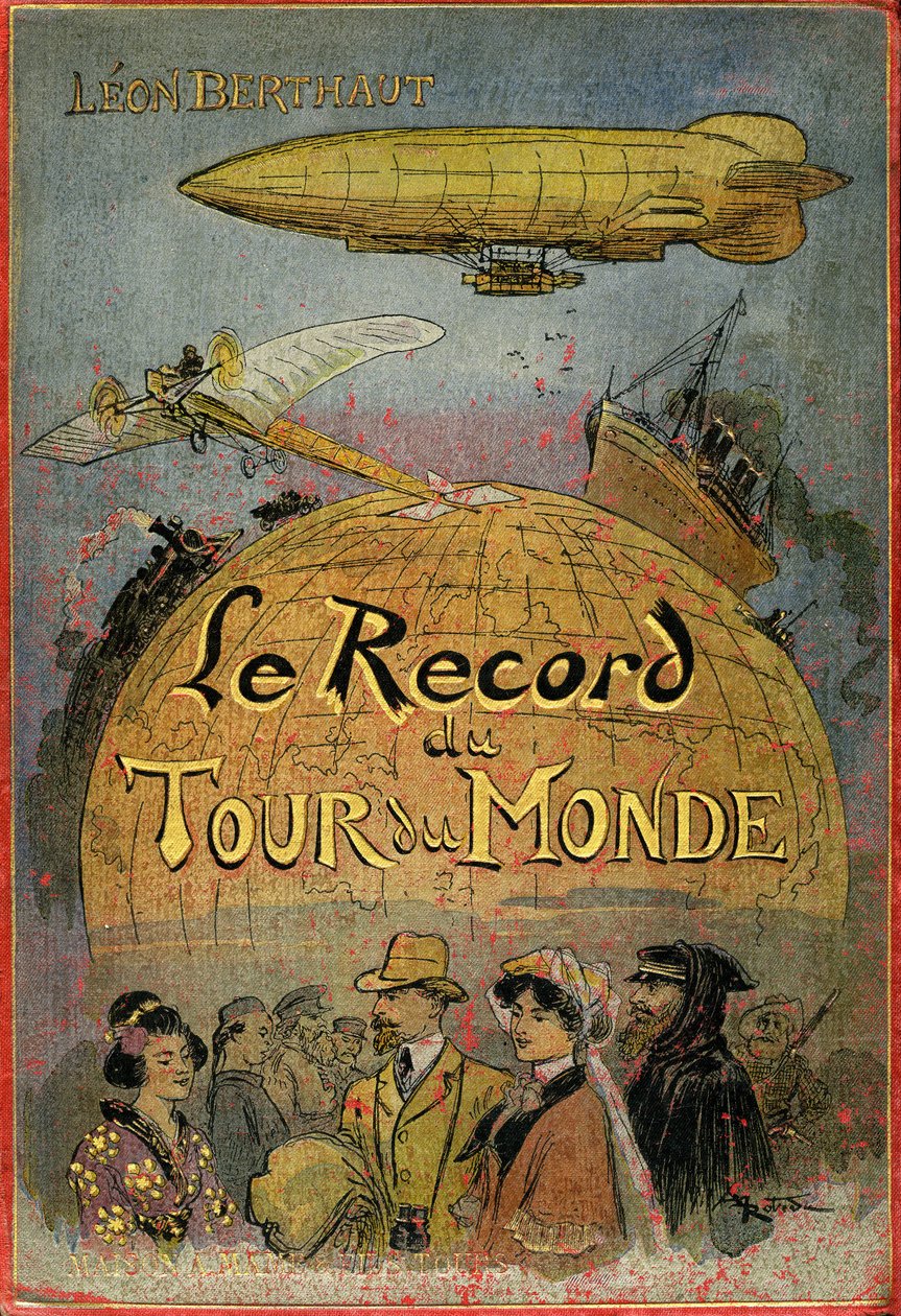 Couverture illustrée par Albert Robida (1848-1926) du livre de Léon Berthault « Le record du tour du monde », édition Mame début 20ème siècle (1911) - C