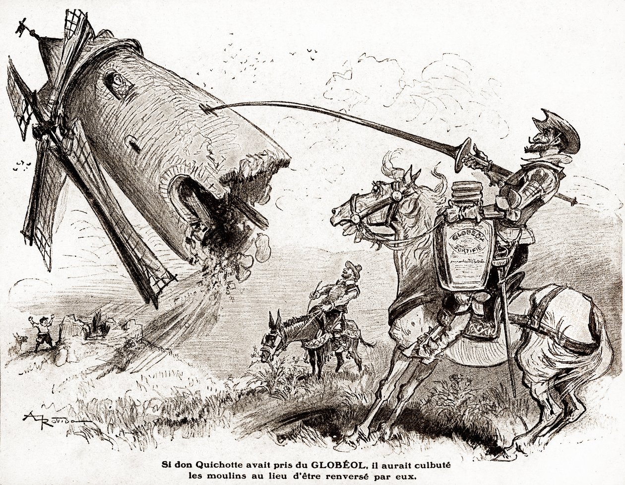 Don Quichotte pour une publicité pour le Globeol fortifiant, vers 1916 (illustration) - Albert Robida