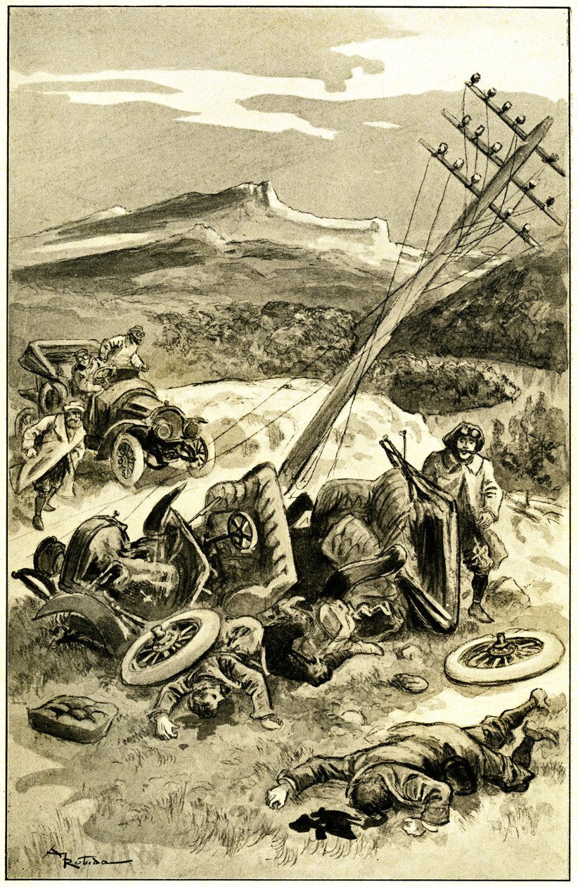 Illustration par Albert Robida (1848-1926) pour le livre de Léon Berthault « Le record du tour du monde », édition Mame début XXe siècle (1911) - un accident de la circulation vers 1900 : voiture ayant heurté un poteau de ligne télégraphique. Les passagers - Albert Robida