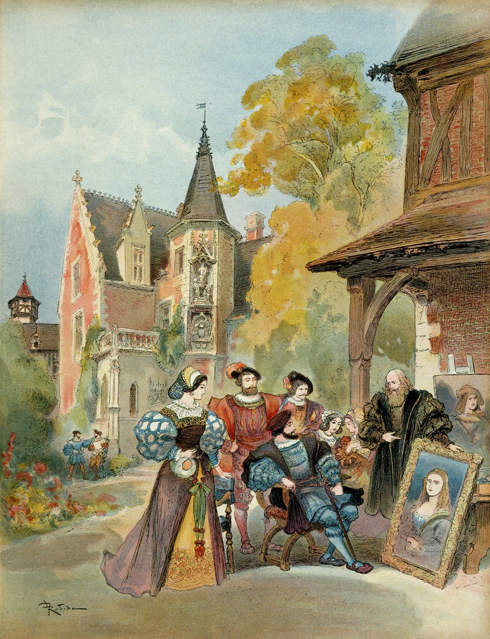 Le roi François Ier (1494-1547) achetant la Joconde à Léonard de Vinci (1452-1519), près du château royal d