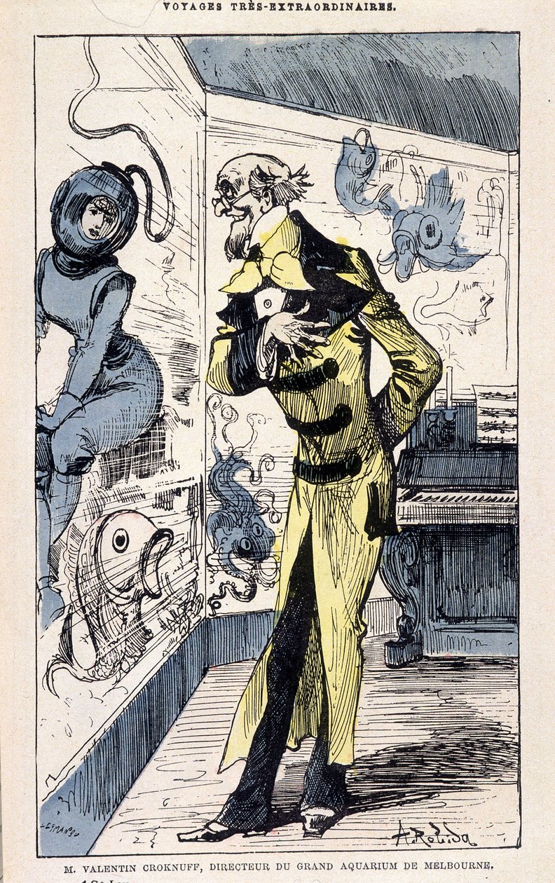 M. Valentin Croknuff, directeur du grand aquarium de Melbourne, parodie de Jules Verne, « Voyages très extraordinaires de Saturnin Farandoul dans 5 ou 6 parties du monde et dans tous les pays connus ou inconnus de M. Jules Verne » par Robida, Paris - Albert Robida