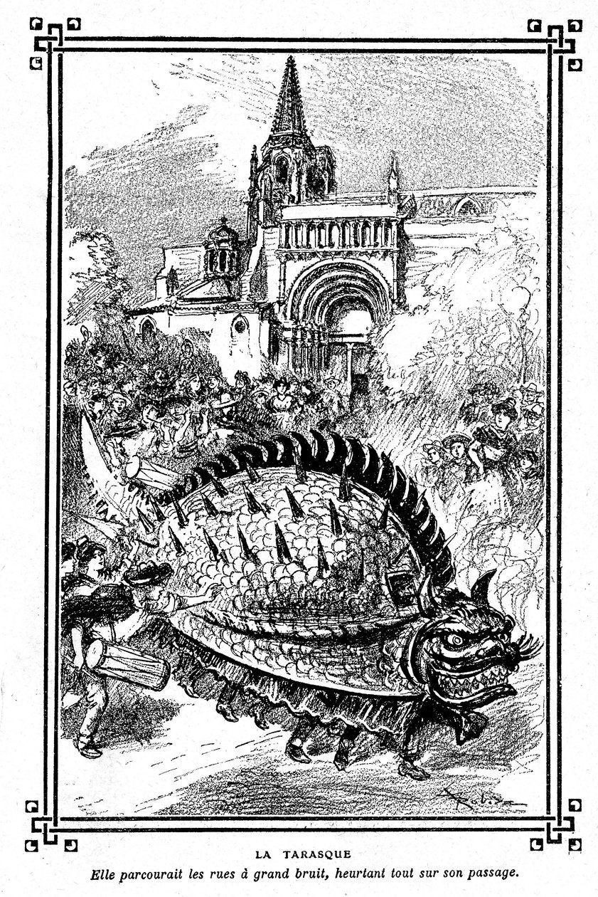 La Tarasque de Tarascon, monstre fabuleux du folklore de Provence : illustration par Albert Robida du manuel scolaire « Choix de lectures » par A Mironneau, Librairie Armand Colin 1911 - Albert Robida