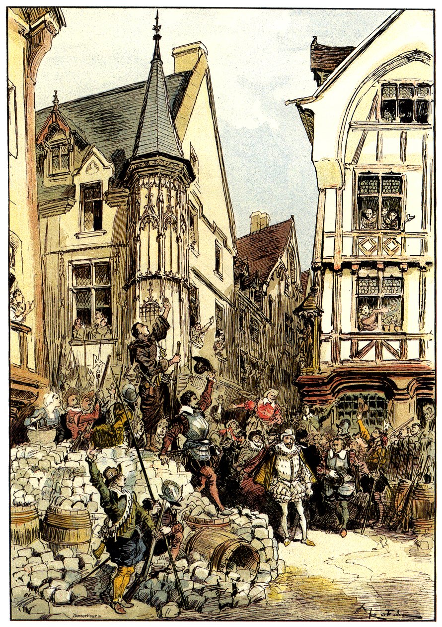 Le Duc de Guise acclamé par la foule et les soldats du régiment des Gardes Françaises à Paris le jour des Barricades - Albert Robida
