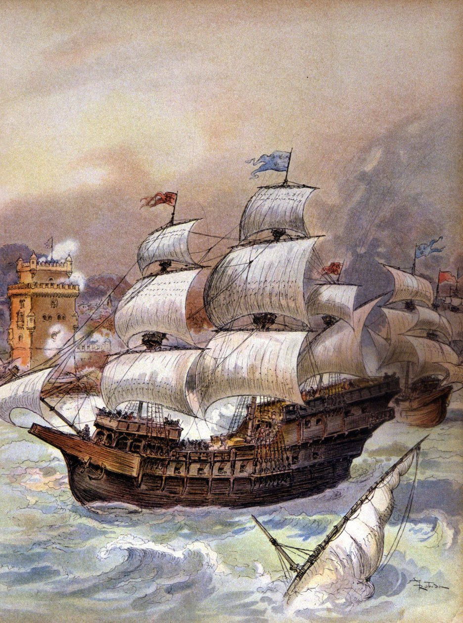La flotte de Jean Ango bloque le Tage et menace Lisbonne, c.1909 (illustration) - Albert Robida