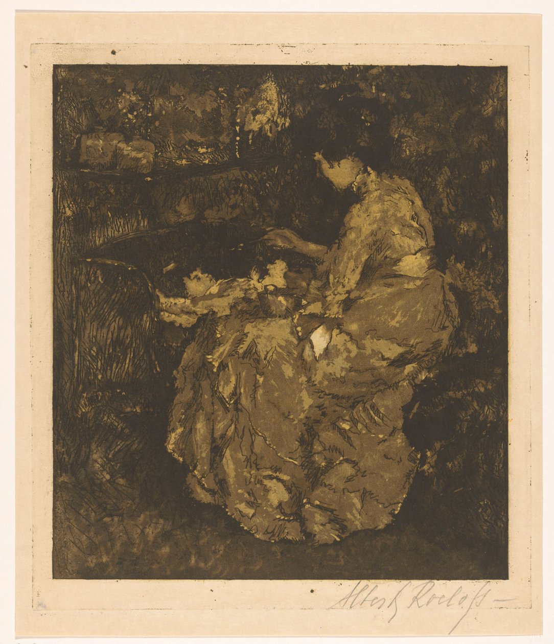 Femme nourrissant un enfant dans un berceau - Albert Roelofs (signed by artist)
