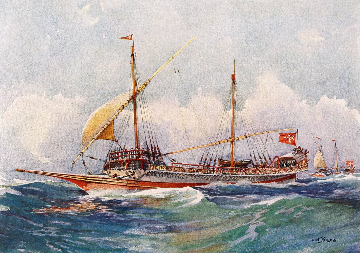 Galère de Malte avec vent dans ses voiles (17e siècle), aquarelle par Albert Sebille (1874-1953) - Albert Sébille