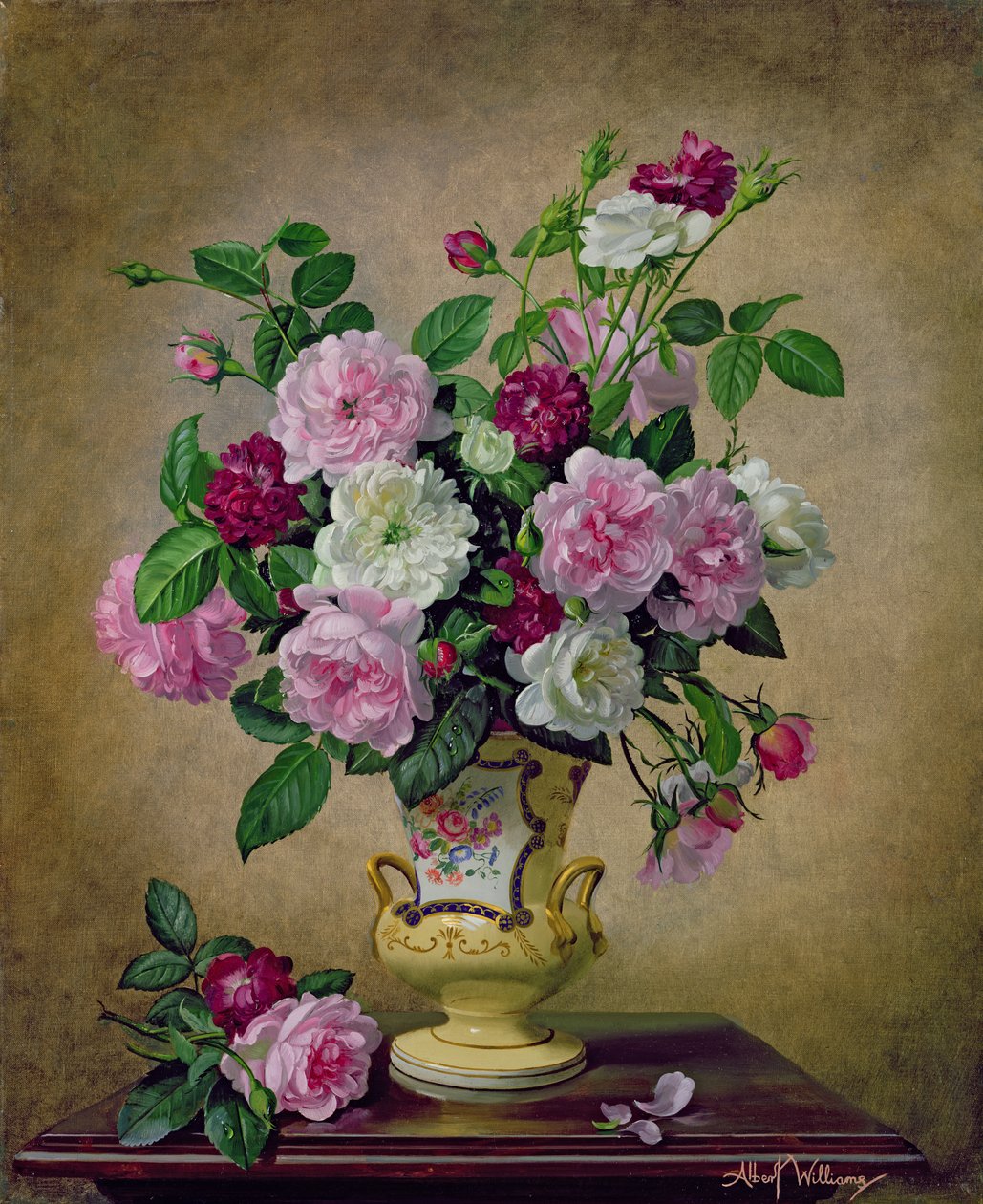 Roses et dahlias dans un vase en céramique - Albert Williams