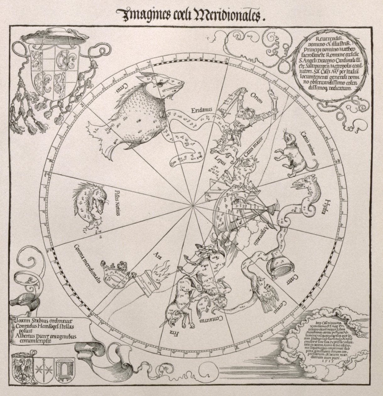 Carte du ciel austral, avec représentations des constellations, décorée de la crête du cardinal Lang von Wellenburg, et une dédicace à lui avec ses armoiries et le droit d