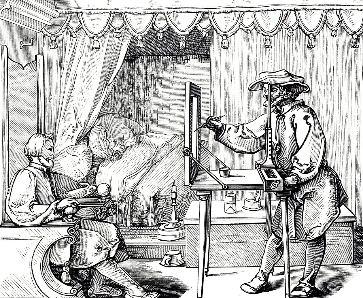 Gravure sur bois représentant un artiste utilisant une aide au dessin pour obtenir les proportions correctes d