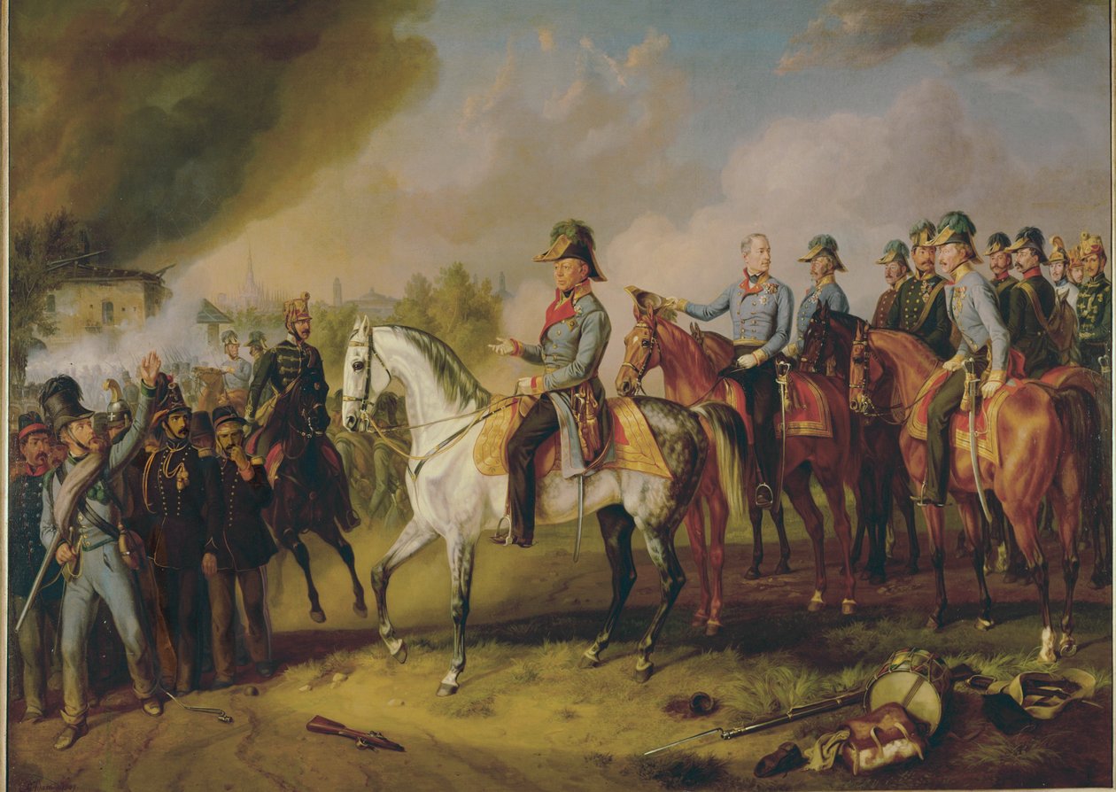 Le maréchal Johann Joseph Wenzel Radetzky et son état-major devant Milan ... (peinture sur toile) - Albrecht Adam