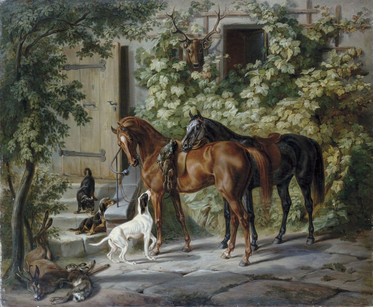 Chevaux sous le porche - Albrecht Adam