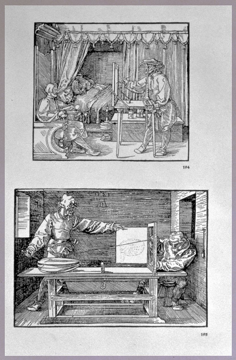 Appareil pour traduire des objets tridimensionnels en dessins bidimensionnels, deux scènes du premier livre technique de l