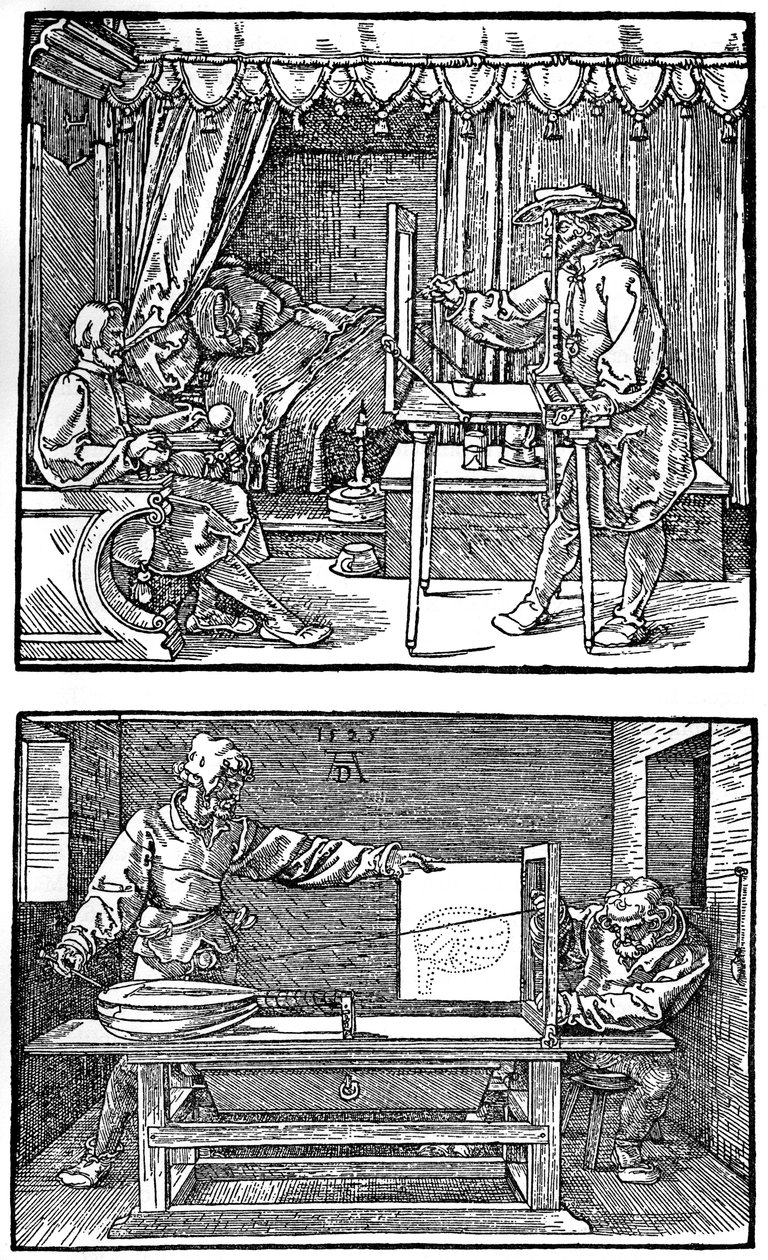 Appareil pour traduire des objets tridimensionnels en dessins bidimensionnels - Albrecht Dürer