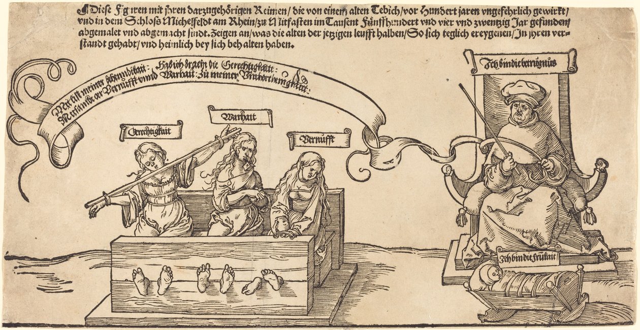 Justice, Vérité et Raison dans les stocks avec le juge assis et la piété endormie - Albrecht Dürer