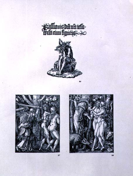 Trois pages de la série Petite Passion : (haut) page de titre avec Christ en homme de douleurs et une inscription latine ; (gauche) L