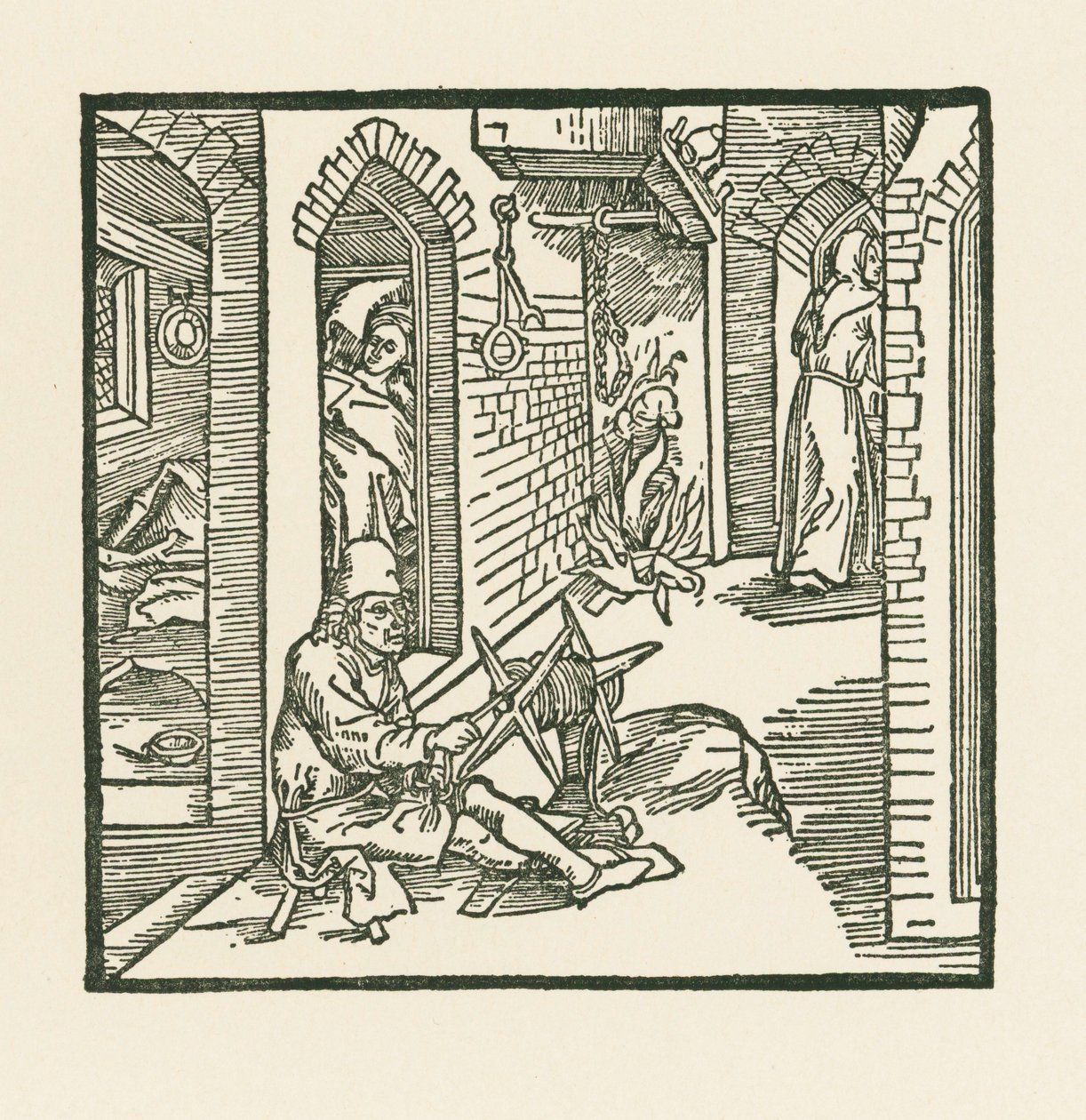 Un cordelier voit un moine quitter la chambre de sa femme infidèle. - Albrecht Dürer or Duerer