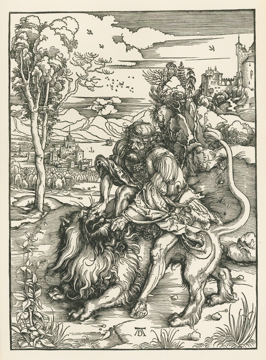 Samson tuant le lion, vers 1497-98 (gravure sur bois) - Albrecht Dürer or Duerer