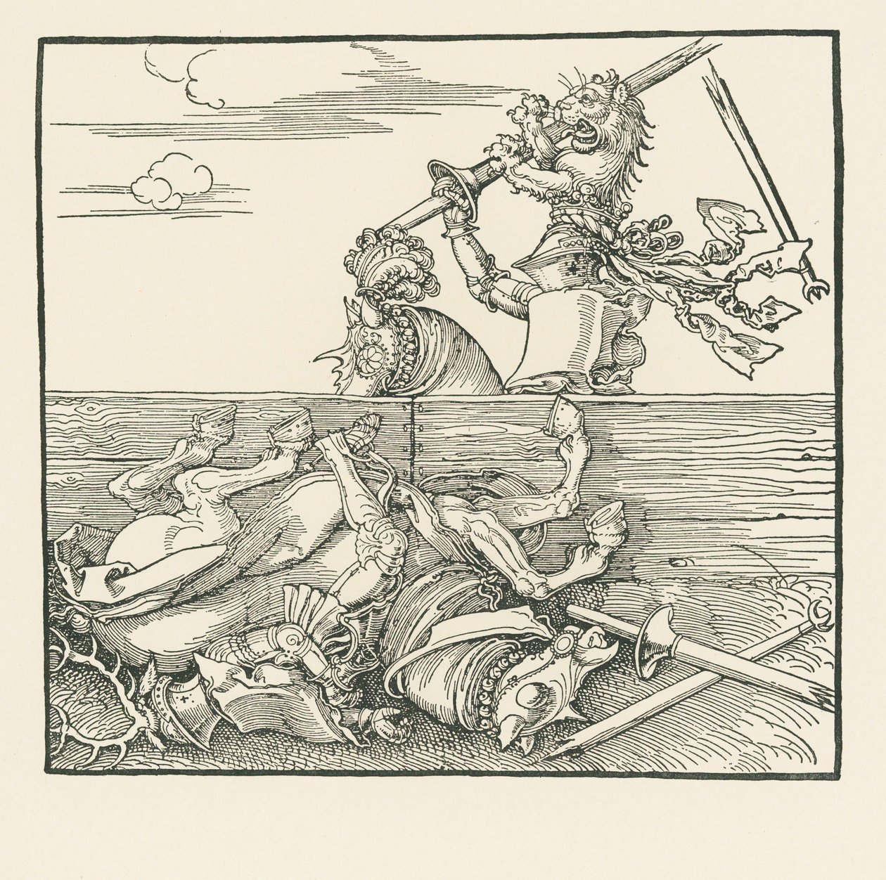 Le tournoi étranger. Maximilien a soulevé son adversaire Jacop de Heri de la selle, vers 1517-18 (gravure sur bois) - Albrecht Dürer or Duerer