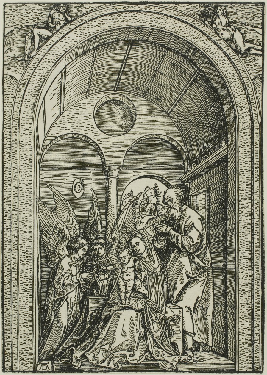La Sainte Famille avec deux anges dans une salle voûtée - Albrecht Dürer or Duerer