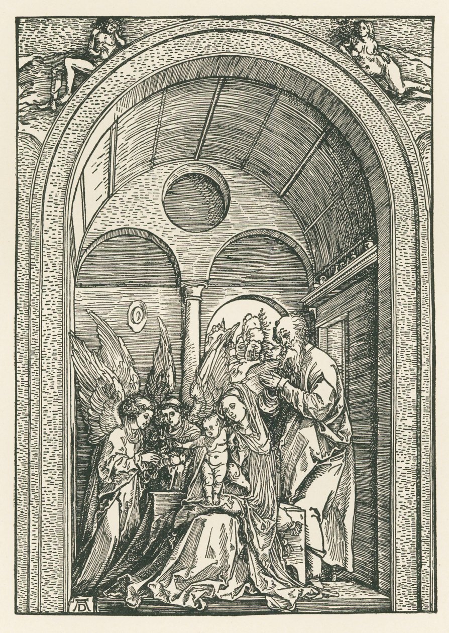 La Sainte Famille avec deux anges dans un portique, vers 1503-04 (gravure sur bois) - Albrecht Dürer or Duerer