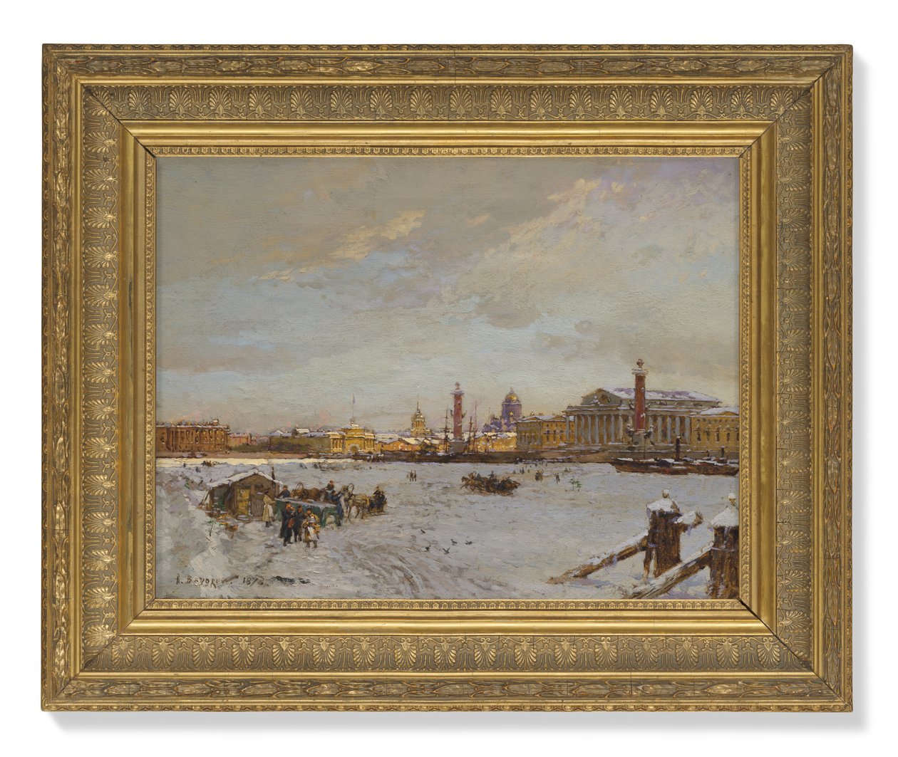 Vue sur la Neva gelée, les colonnes rostrales, la cathédrale Saint-Isaac et l