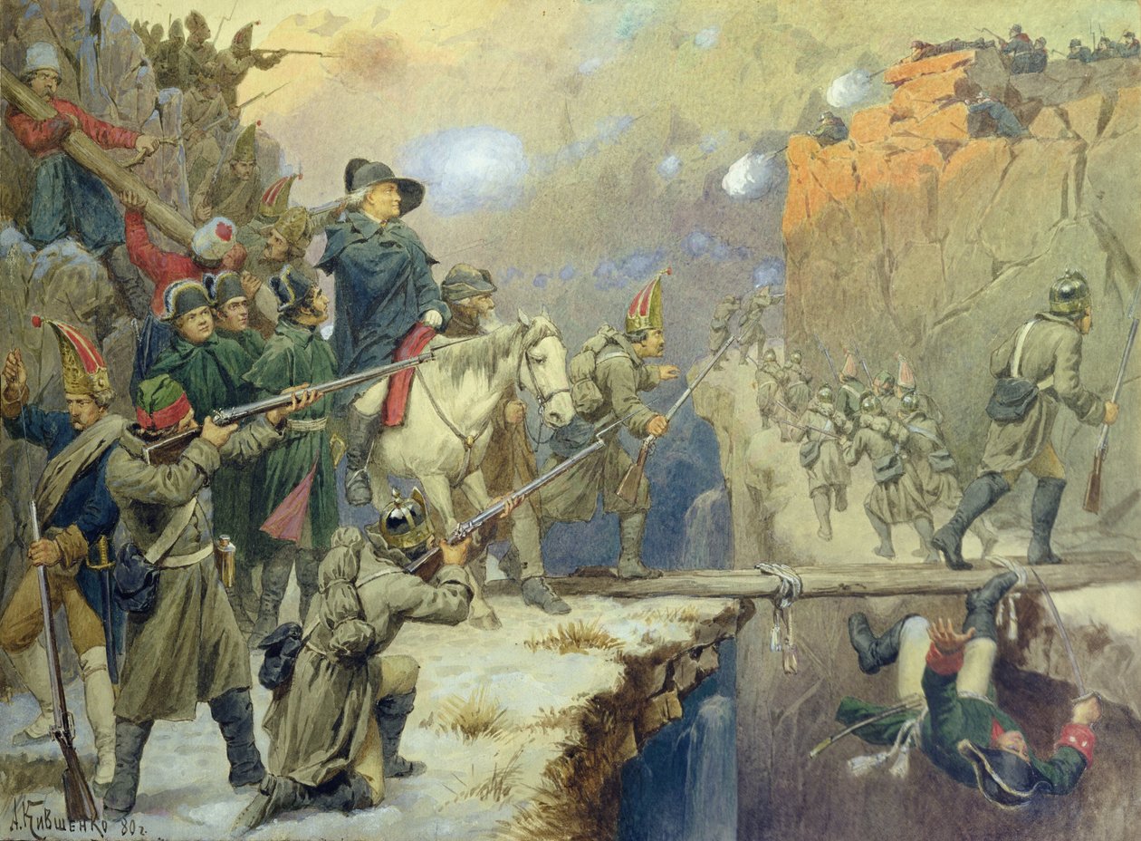 Suvorov traversant le Pont du Diable en 1799, 1880 - Aleksei Danilovich Kivshenko