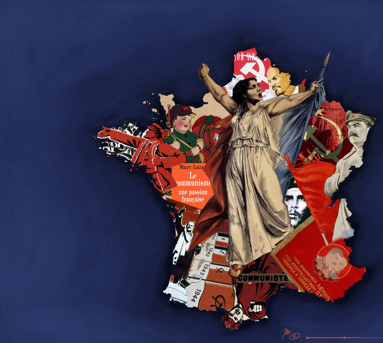 Une marianne sur fond de collage communiste. Allégorie du communisme en France. 2010 - Alessandro Lonati