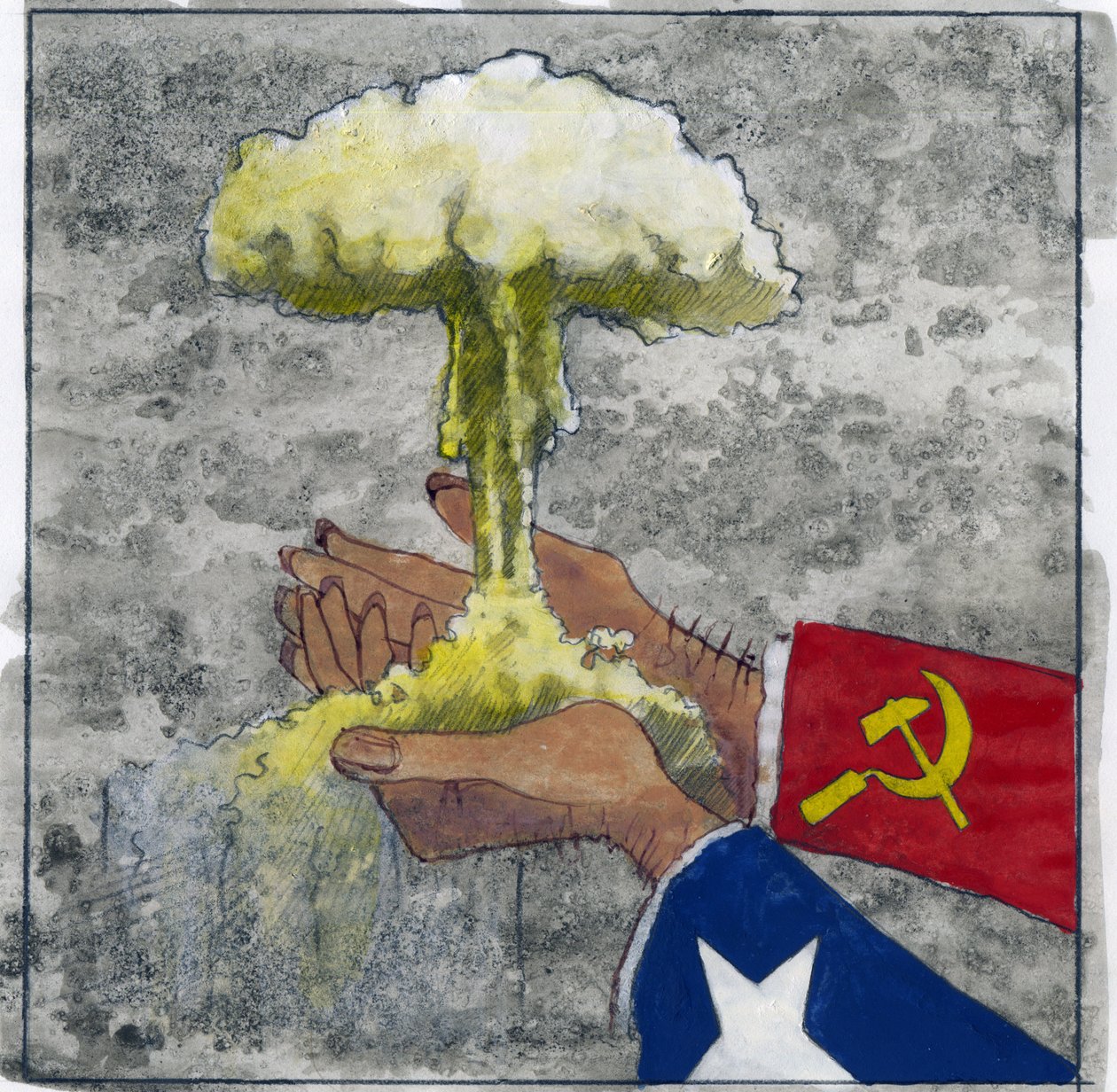 Représentation allégorique de la guerre froide comme des mains américaines et soviétiques tenant le nuage atomique - Alessandro Lonati