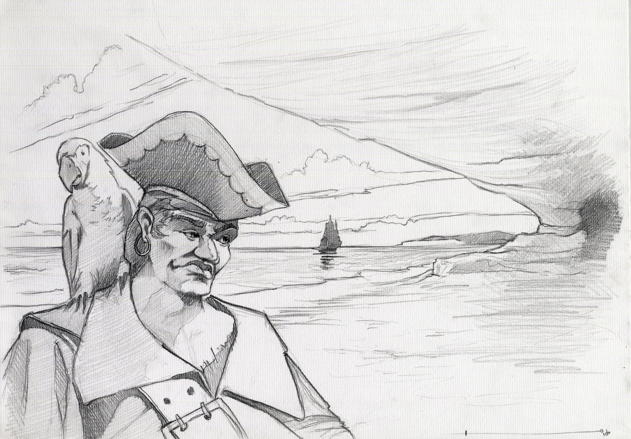 Pirate des Caraïbes avec un perroquet cherchant un trésor dans une grotte sur une plage, avec un galion. - Alessandro Lonati