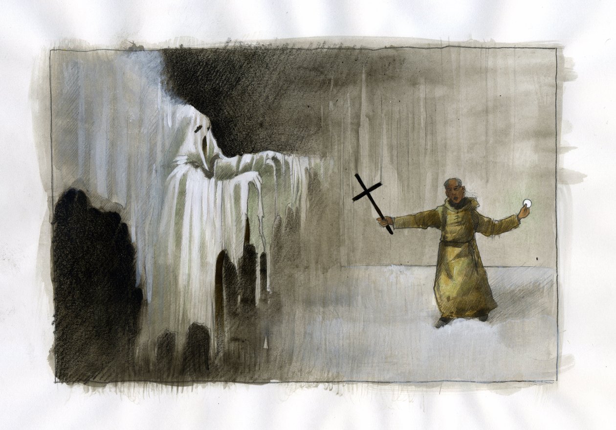 Combat entre un moine tenant un crucifix et un fantôme - Alessandro Lonati