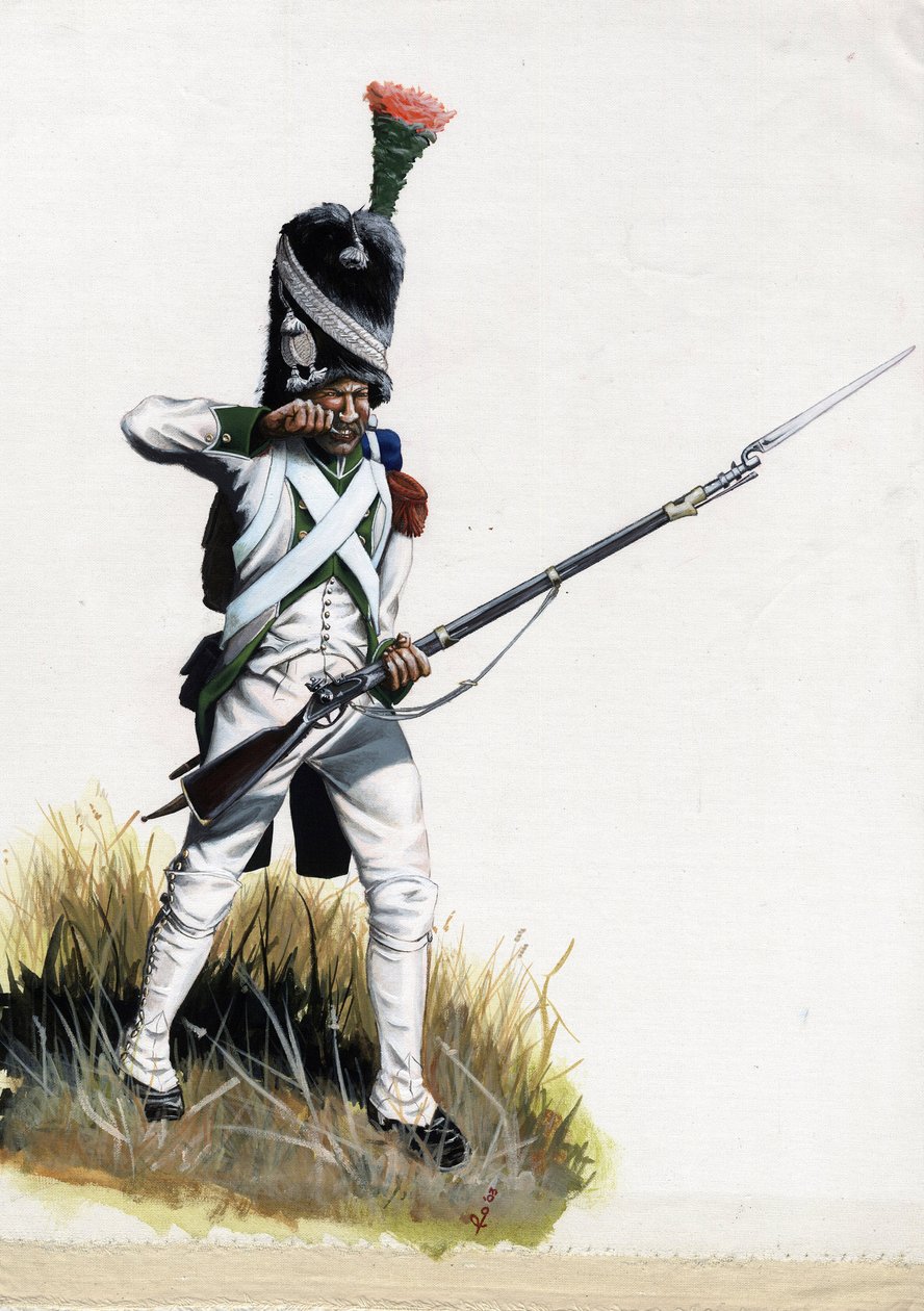 Premier Empire (1804-1814 et 1815) : soldat Velite de la grande armée napoléonienne en Italie ouvrant une cartouche - Alessandro Lonati