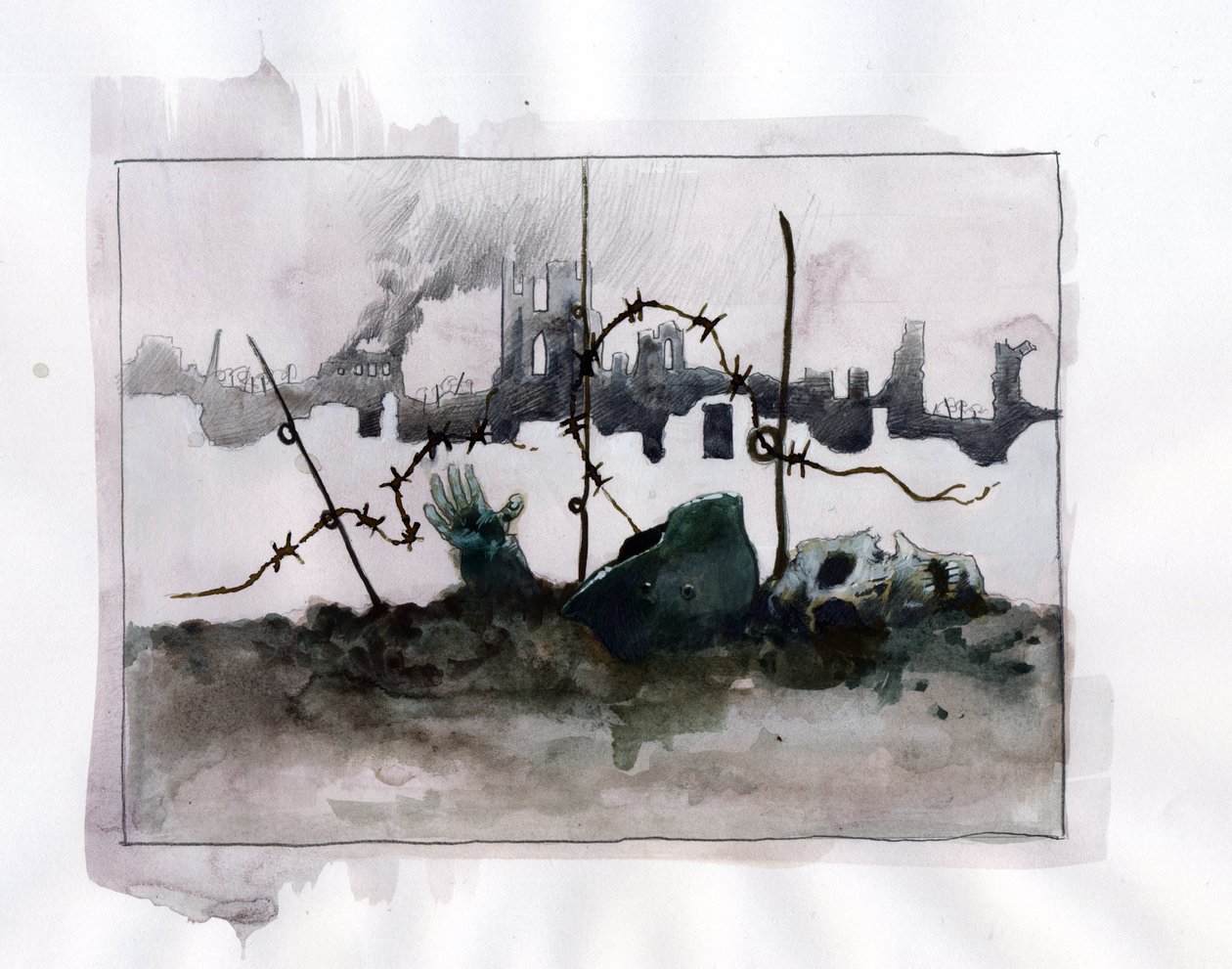 Première Guerre mondiale : Allégorie de la guerre avec casque de crâne sur fond de ruines - Alessandro Lonati