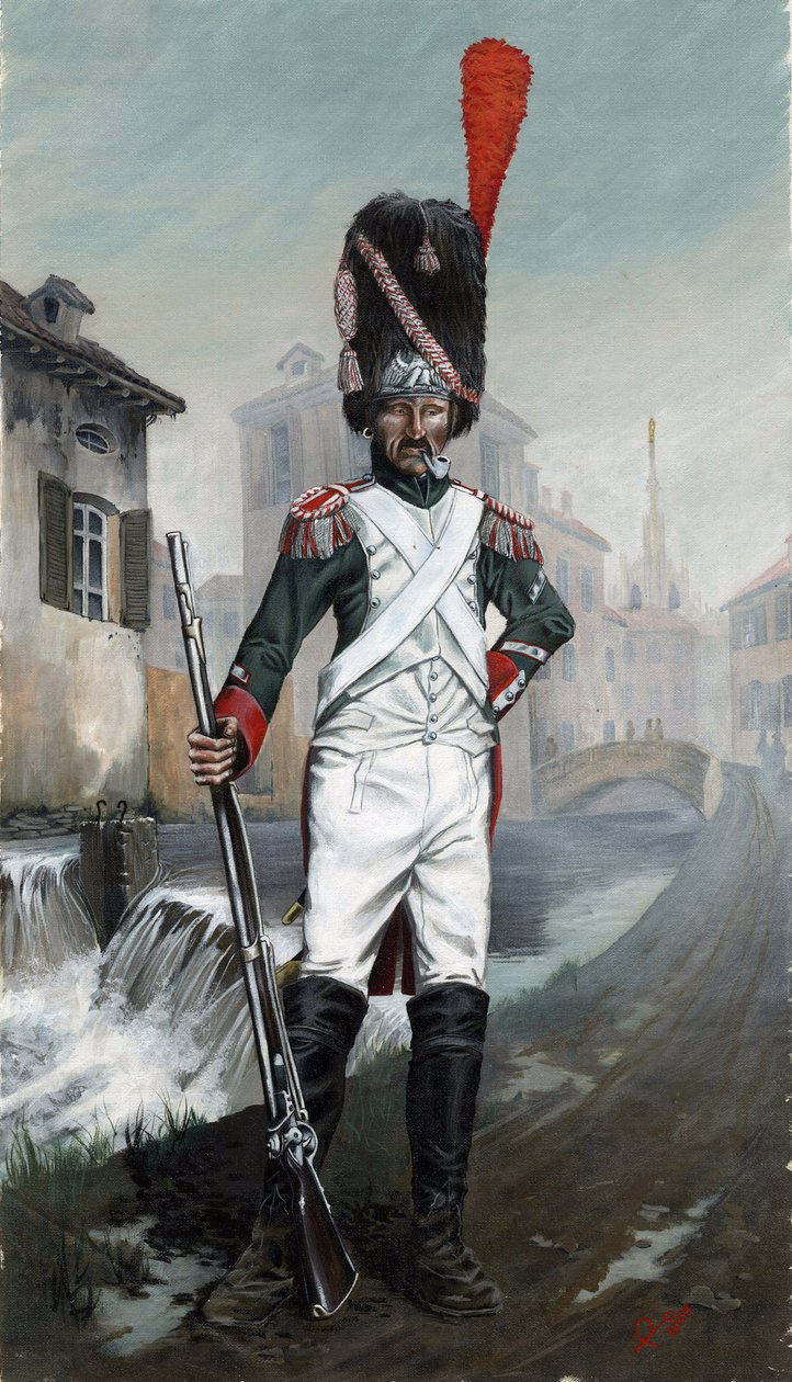 Premier Empire (1804-1814 et 1815) : soldats grenadiers italiens près du canal de Milan avec la cathédrale en arrière-plan. Dessin par Alessandro Lonati - Alessandro Lonati
