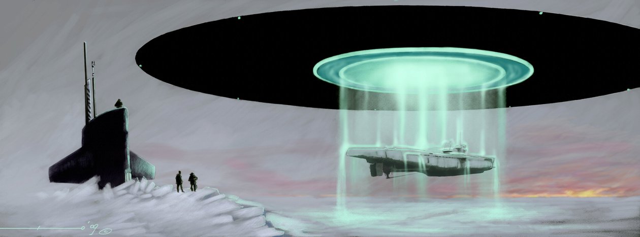 Rencontre au pôle Nord entre un sous-marin U-boot et une soucoupe volante (OVNI, UFO ou extraterrestre) pour la restitution d