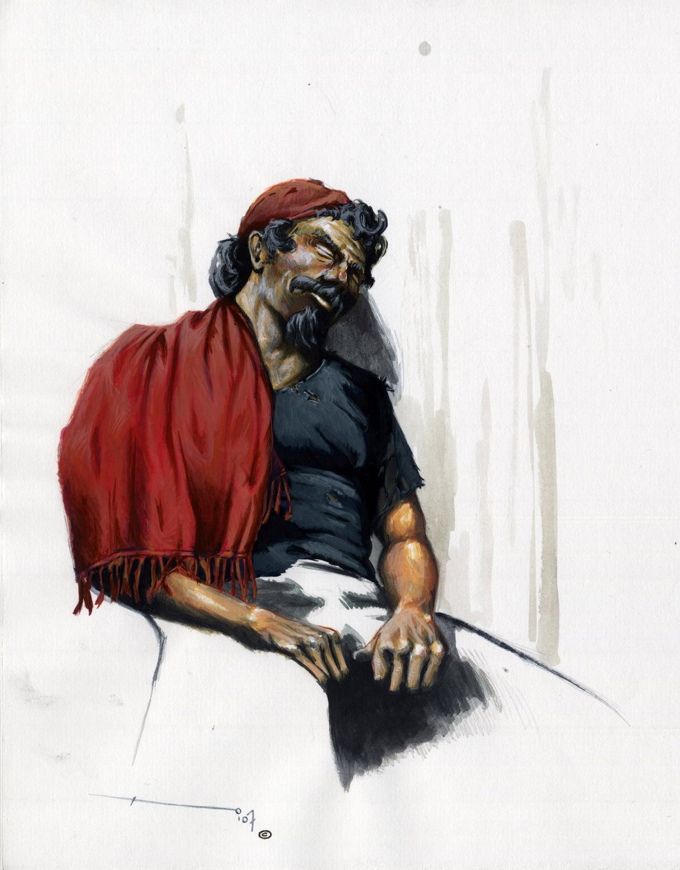 Pirate (corsaire) ou marin endormi. Dessin en couleur par Alessandro Lonati - Alessandro Lonati