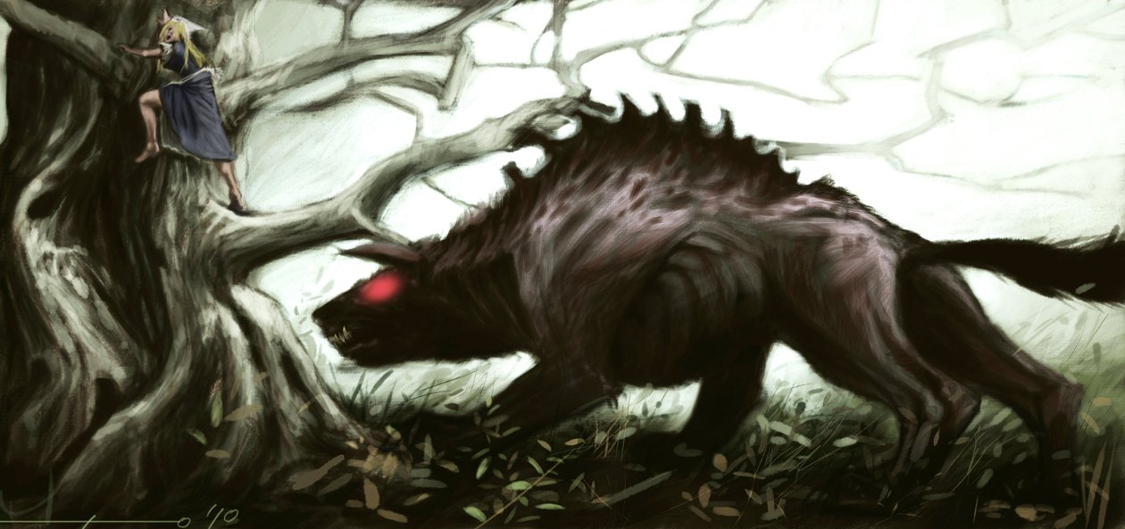 Représentation de la légendaire bête du Gévaudan attaquant une petite fille perchée sur un arbre. Illustration par Alessandro Lonati, 2010. - Alessandro Lonati