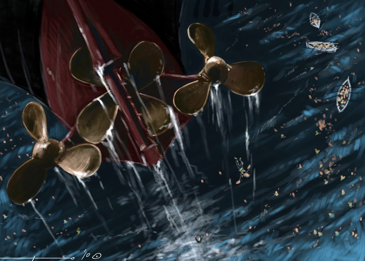 Vue des hélices du paquebot transatlantique Titanic au moment du naufrage les 14 et 15 avril 1912. Illustration par Alesandro Lonati. 2010 - Alessandro Lonati