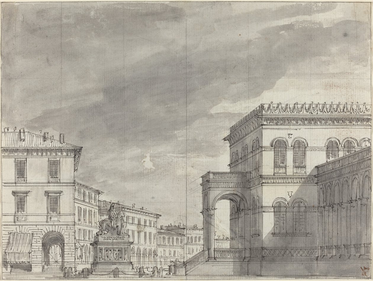 Place avec un monument équestre et un palais - Alessandro Sanquirico