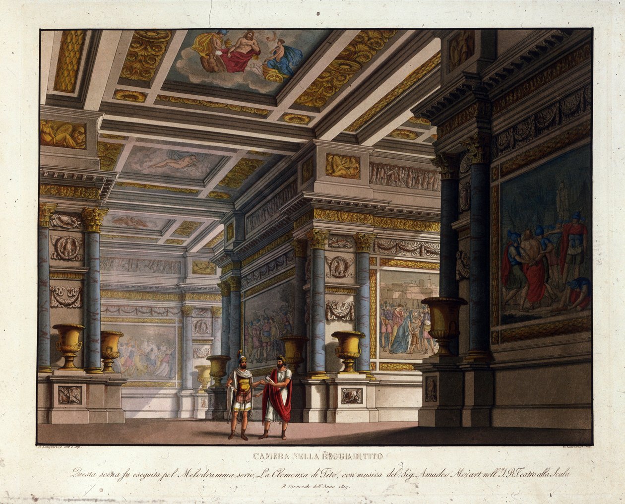Scénographie par Alessandro Sanquirico (1777-1849) pour « La Clémence de Tito » de Wolfgang Amadeus Mozart (1756-1791) montée à La Scala de Milan en 1819 et représentant la salle du Palais Royal de Tito - Alessandro Sanquirico