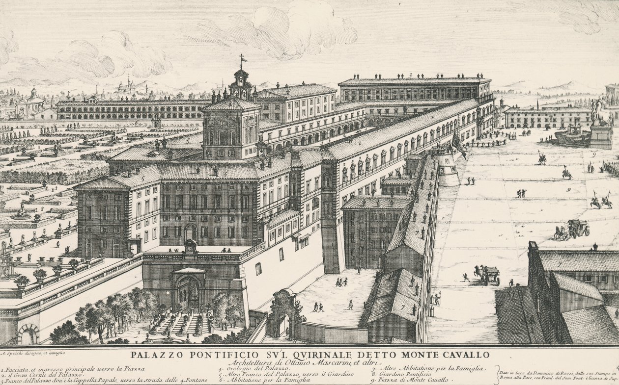 Palais du Pape sur la colline du Quirinal, également connu sous le nom de Monte Cavallo, dessin et gravure par Alessandro Specchi (1668-1729), Italie - Alessandro Specchi