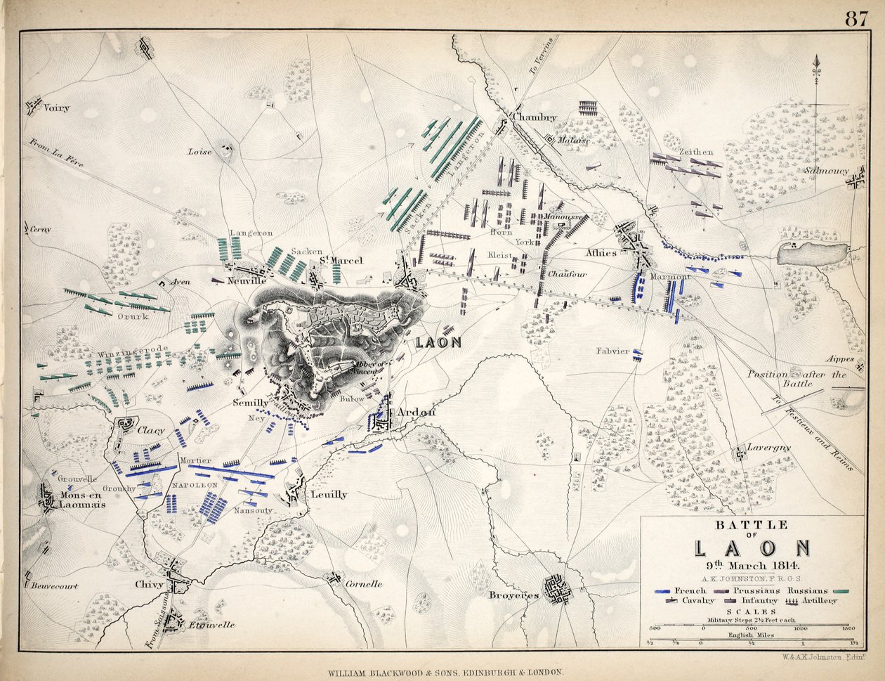Carte de la bataille de Laon, publiée par William Blackwood and Sons, Édimbourg et Londres, 1848 - Alexander Keith Johnston