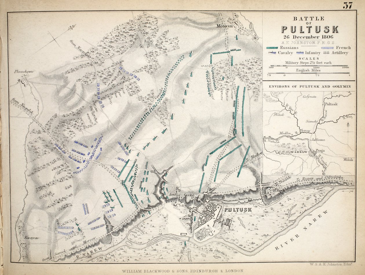Carte de la bataille de Pultusk, publiée par William Blackwood and Sons, Édimbourg et Londres, 1848 - Alexander Keith Johnston