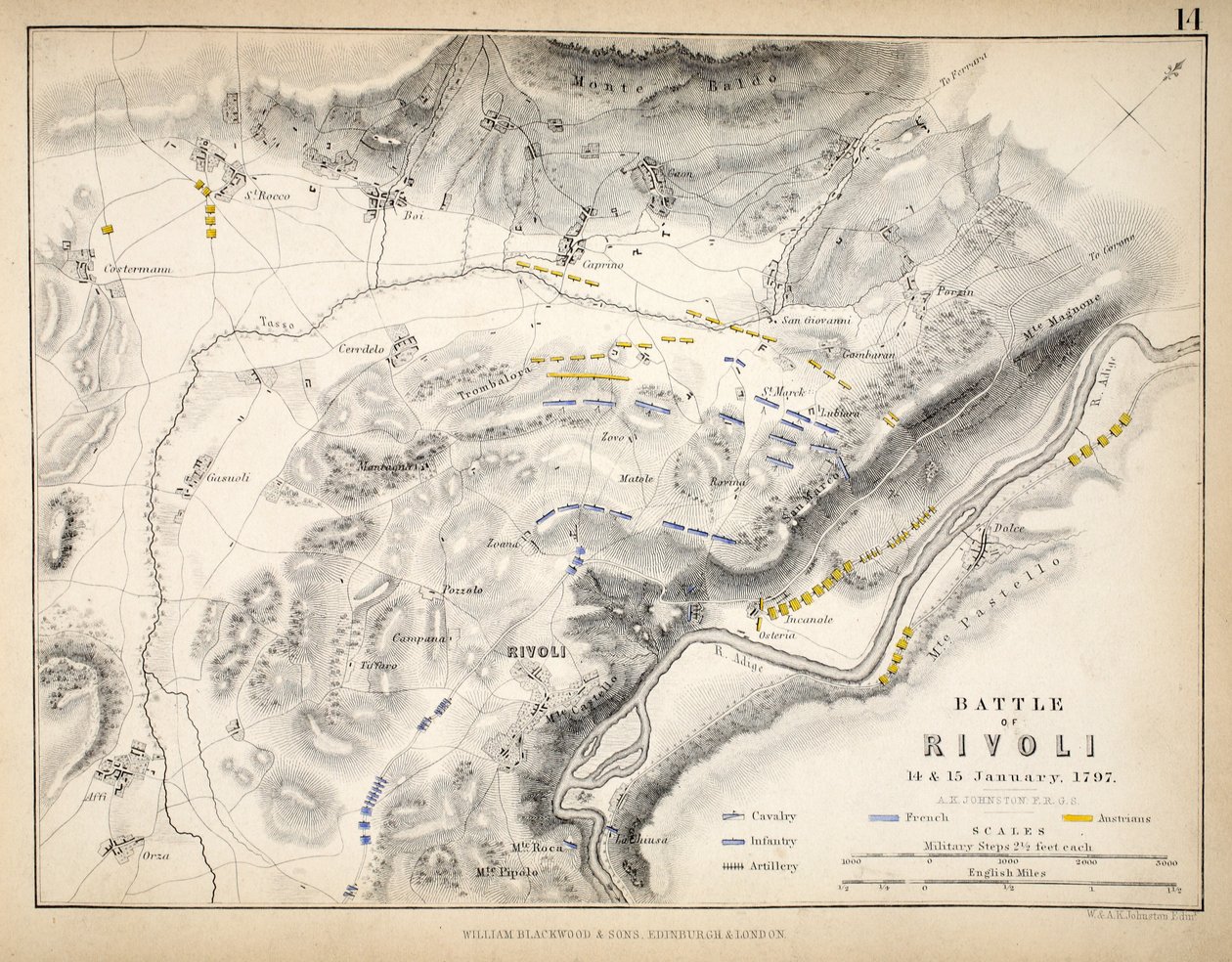 Carte de la Bataille de Rivoli, publiée par William Blackwood and Sons, Édimbourg et Londres, 1848 - Alexander Keith Johnston